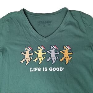 Life is Good Santa Hat Dogs Green V Neck Crusher Tee Womens Small T Shirt